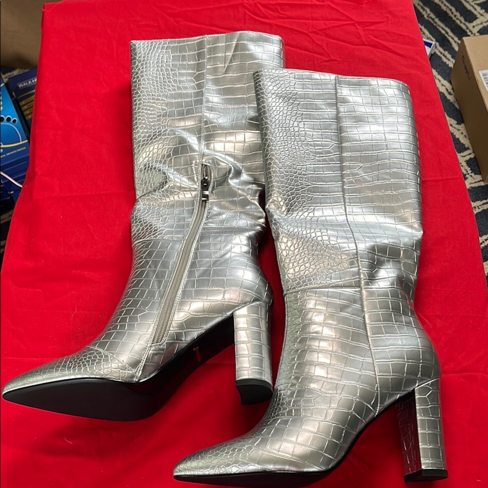 Silver Croc-Embossed Heeled Boots